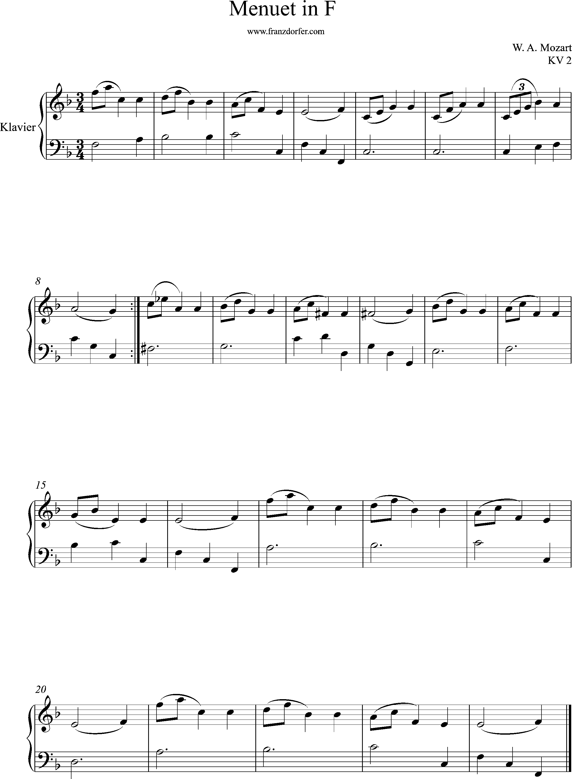 Noten, Menuet in F, KV. 2, Mozart